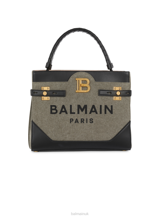 Accessories D0022477 Khaki Balmain Women Canvas B-Buzz Top Handle Bag With Leather Panel