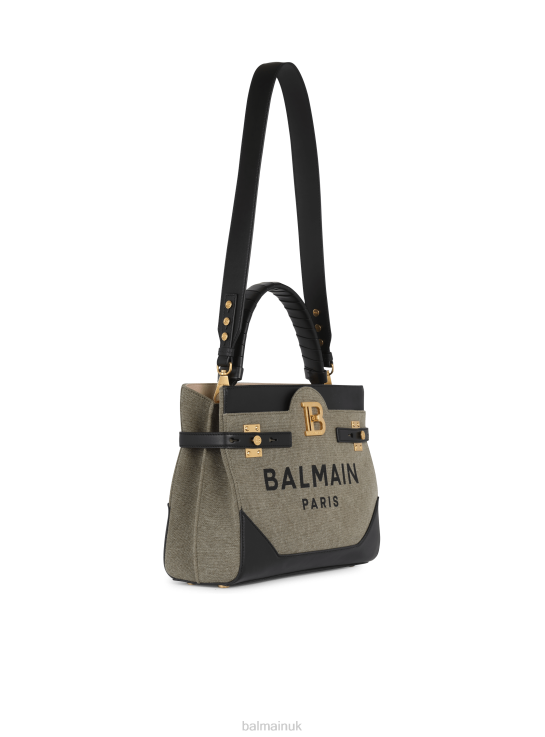 Accessories D0022477 Khaki Balmain Women Canvas B-Buzz Top Handle Bag With Leather Panel