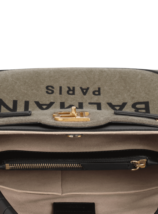 Accessories D0022477 Khaki Balmain Women Canvas B-Buzz Top Handle Bag With Leather Panel