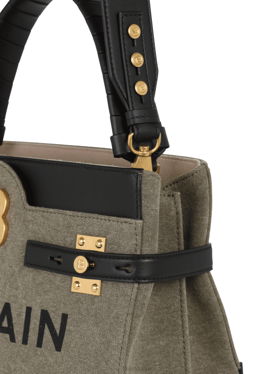 Accessories D0022477 Khaki Balmain Women Canvas B-Buzz Top Handle Bag With Leather Panel
