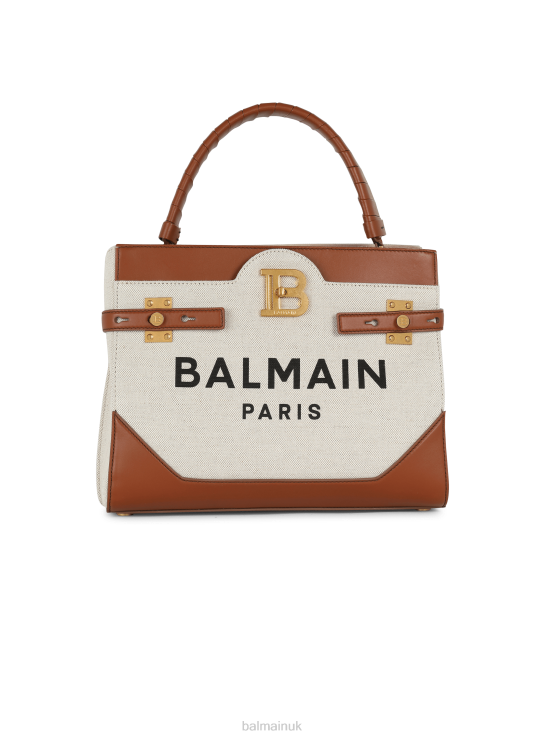 Accessories D0022483 Beige Balmain Women Canvas B-Buzz Top Handle Bag With Leather Panel