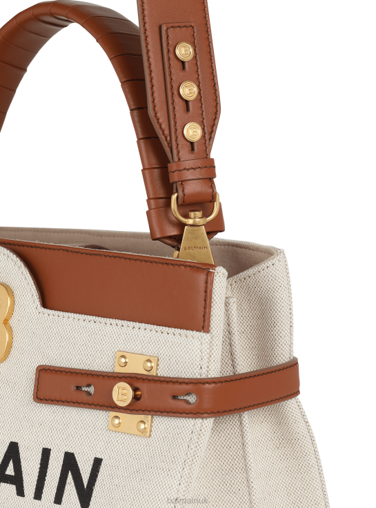 Accessories D0022483 Beige Balmain Women Canvas B-Buzz Top Handle Bag With Leather Panel