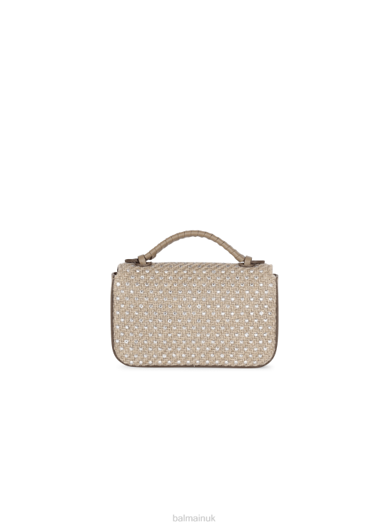 Accessories D0022449 Beige Balmain Women B-Buzz Mini Raffia Bag With Rhinestones