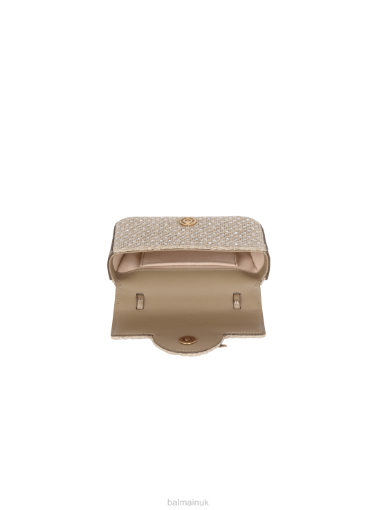 Accessories D0022449 Beige Balmain Women B-Buzz Mini Raffia Bag With Rhinestones