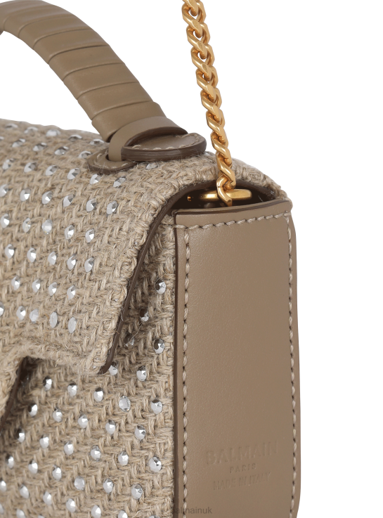 Accessories D0022449 Beige Balmain Women B-Buzz Mini Raffia Bag With Rhinestones