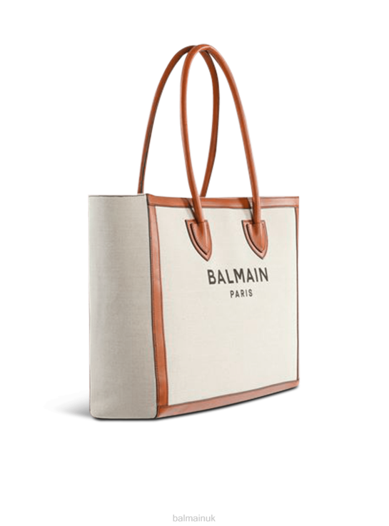 Accessories D0022577 Beige Balmain Women Ecru Canvas B-Army 42 Tote Bag With Brown Leather Panels