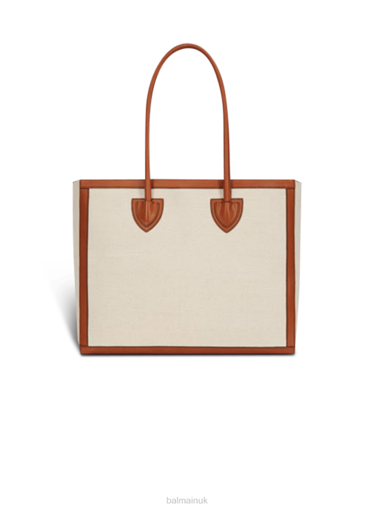 Accessories D0022577 Beige Balmain Women Ecru Canvas B-Army 42 Tote Bag With Brown Leather Panels