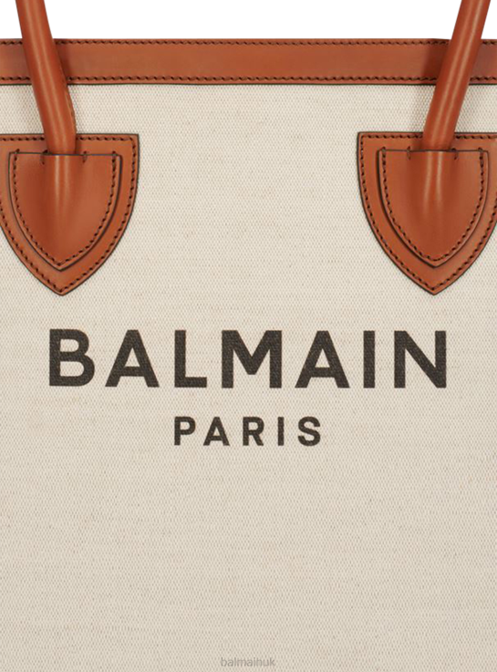 Accessories D0022577 Beige Balmain Women Ecru Canvas B-Army 42 Tote Bag With Brown Leather Panels