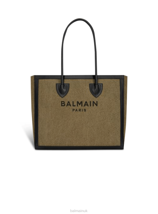 Accessories D0022583 Khaki Balmain Women Canvas B-Army 42 Tote With Leather Panels