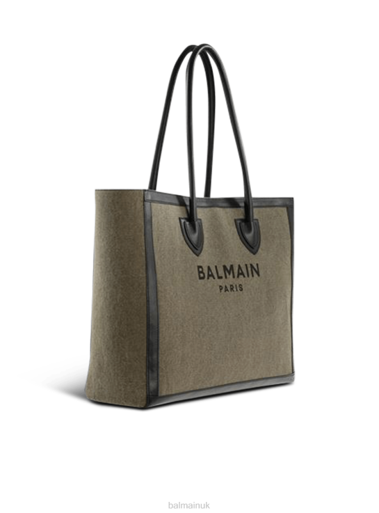 Accessories D0022583 Khaki Balmain Women Canvas B-Army 42 Tote With Leather Panels
