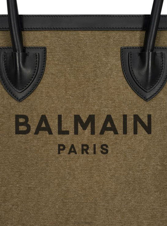 Accessories D0022583 Khaki Balmain Women Canvas B-Army 42 Tote With Leather Panels