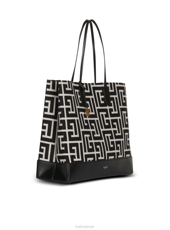 Accessories D0022804 Black Balmain Women Large-Sized Bicolor Ivory And Jacquard Folded Shopping Bag
