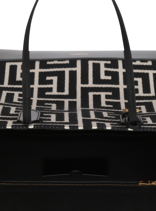 Accessories D0022804 Black Balmain Women Large-Sized Bicolor Ivory And Jacquard Folded Shopping Bag
