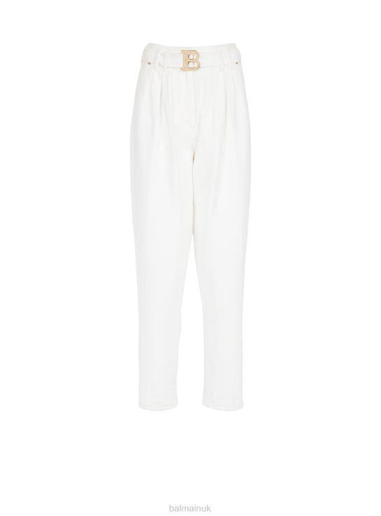Clothing D0022419 White Balmain Women Boyfriend Cut Jeans With Brand Buckle Monogram Print