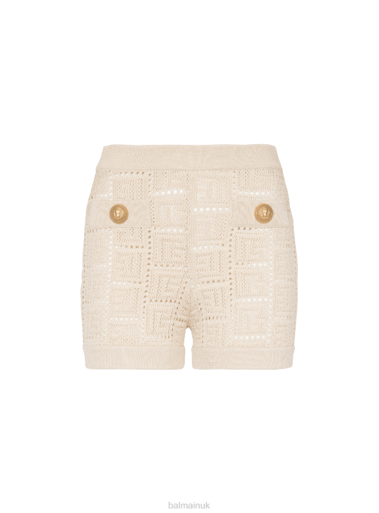 Clothing D0022293 Beige Balmain Women Monogrammed Openwork Knit Mini Shorts