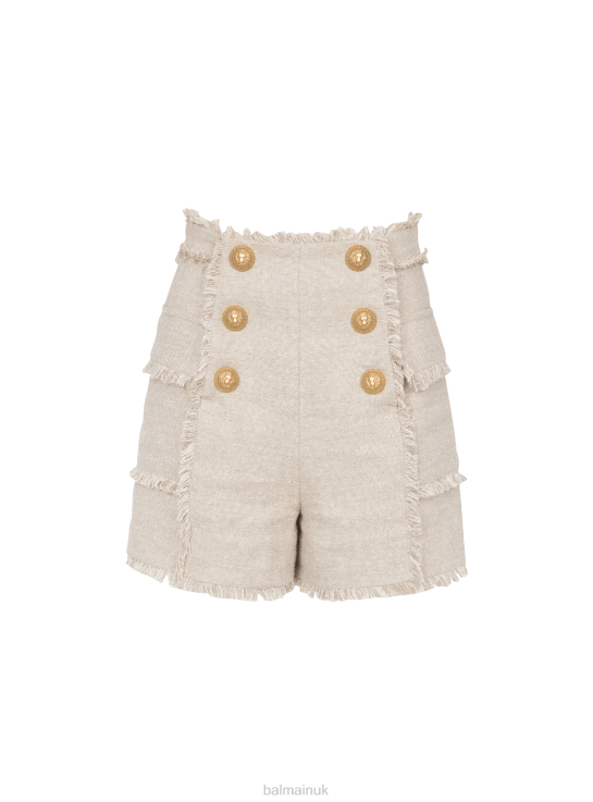 Clothing D0022370 Beige Balmain Women Fringed Linen Sailor Shorts