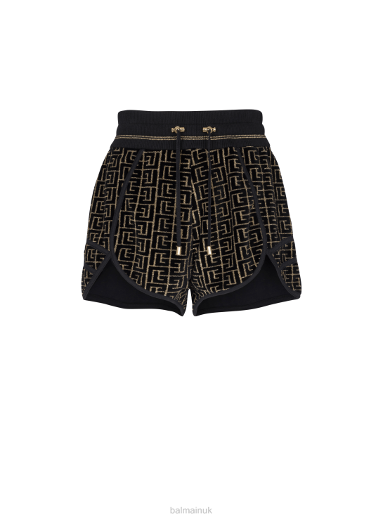 Clothing D0022380 Black Balmain Women Monogrammed Velvet Jersey Shorts