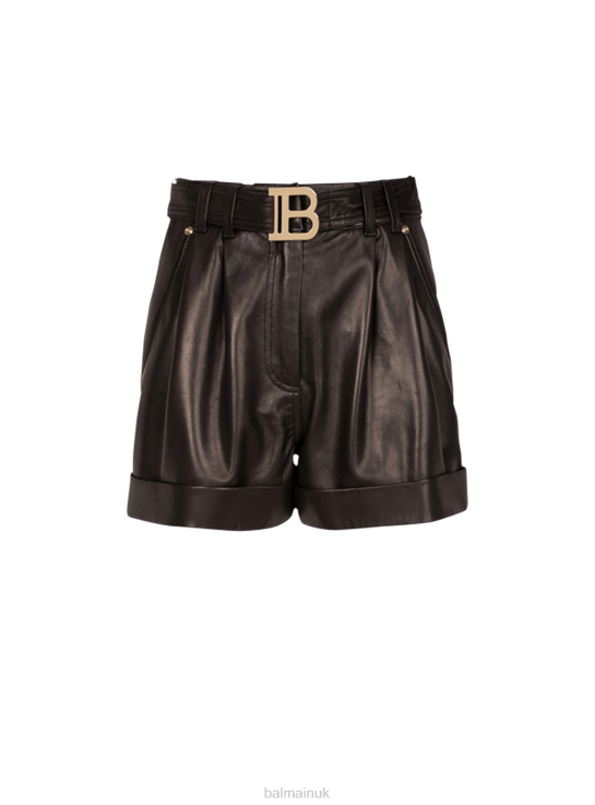Clothing D0022386 Black Balmain Women High-Waisted Leather Shorts With Brand Buckle