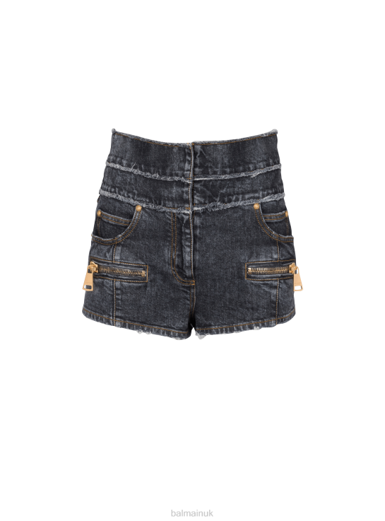 Clothing D0022407 Black Balmain Women High-Waisted Faded Denim Mini-Shorts