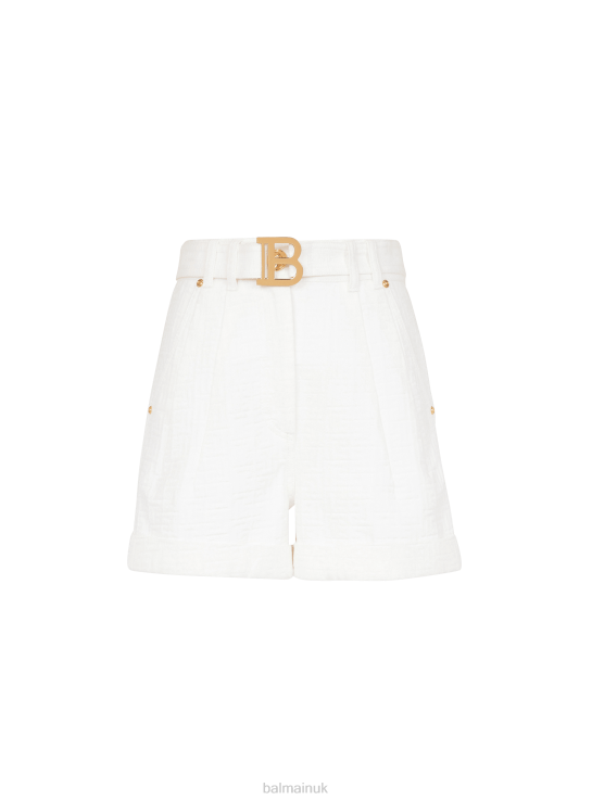 Clothing D0022413 White Balmain Women Denim High-Waisted Shorts With Brand Buckle