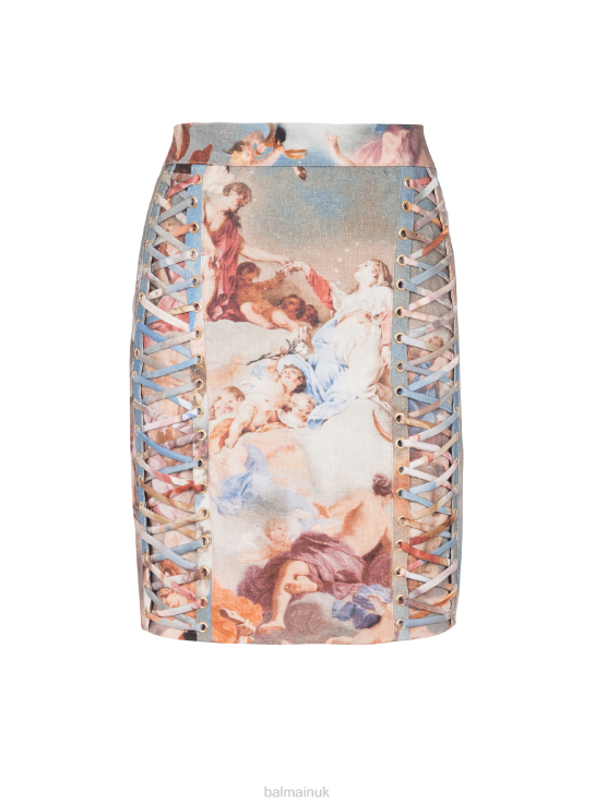 Clothing D0022343 Multicolor Balmain Women Sky Printed Canvas Lace-Up Skirt