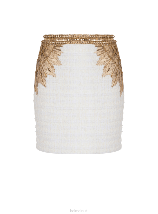 Clothing D0022354 White Balmain Women Embroidered Tweed Skirt