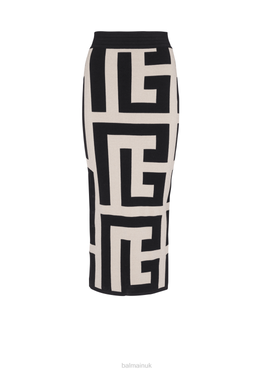 Clothing D0022366 Black Balmain Women Mid-Length Knit Skirt With Maxi Brand Monogram Print