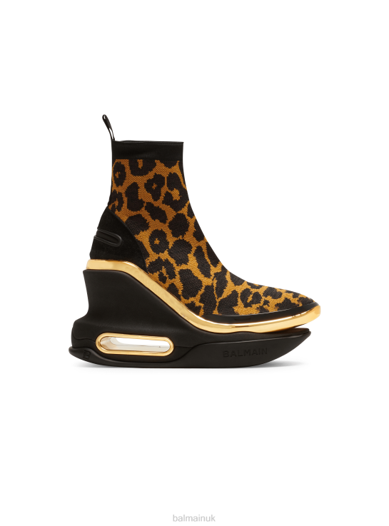 Footwear D0022598 Brown Balmain Women B-Bold Mesh Wedge Trainers With Leopard Monogram