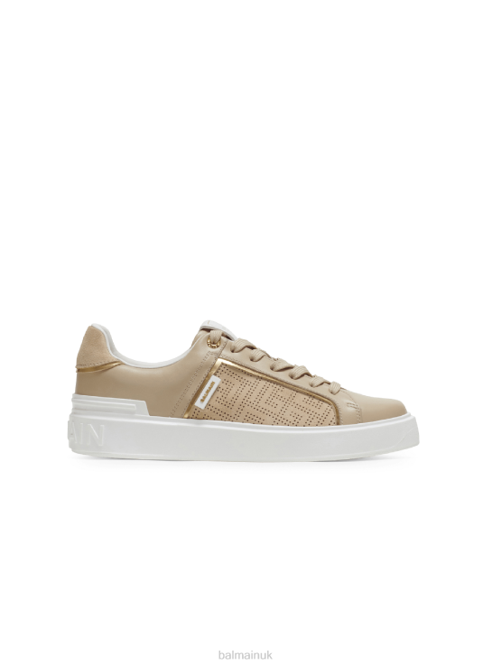 Footwear D0022621 Beige Balmain Women B-Court Trainers In Perforated Monogrammed Leather