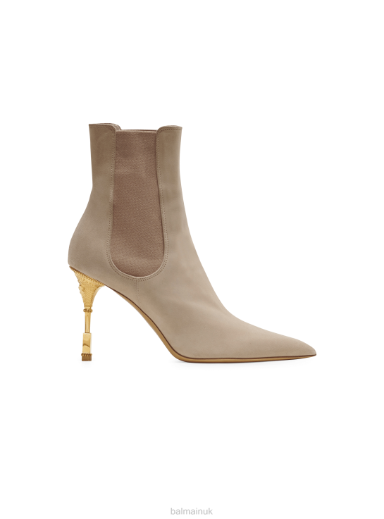 Footwear D0022655 Beige Balmain Women Moneta Suede Ankle Boots With Engraved Heel