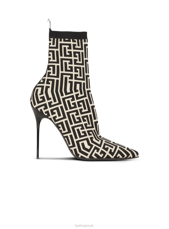 Footwear D0022679 Black Balmain Women Bicolor Stretch Knit Skye Ankle Boots With Brand Monogram