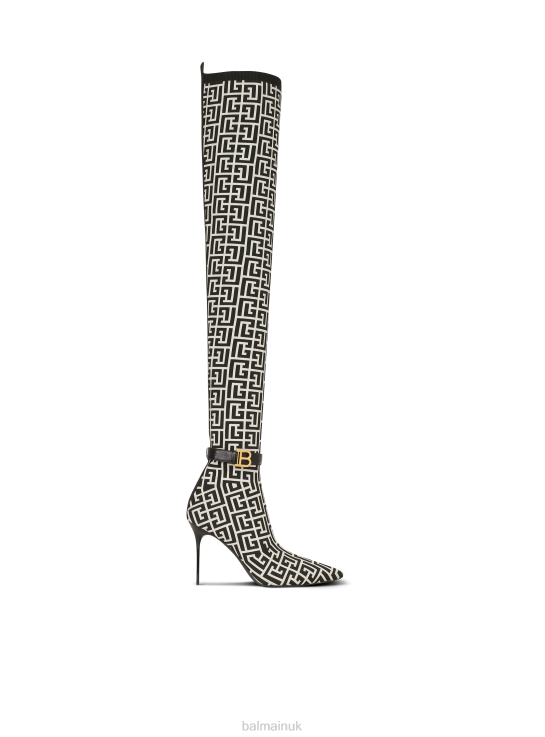 Footwear D0022661 Black Balmain Women Bicolor Knit Raven Thigh-High Boots With Monogram Strap