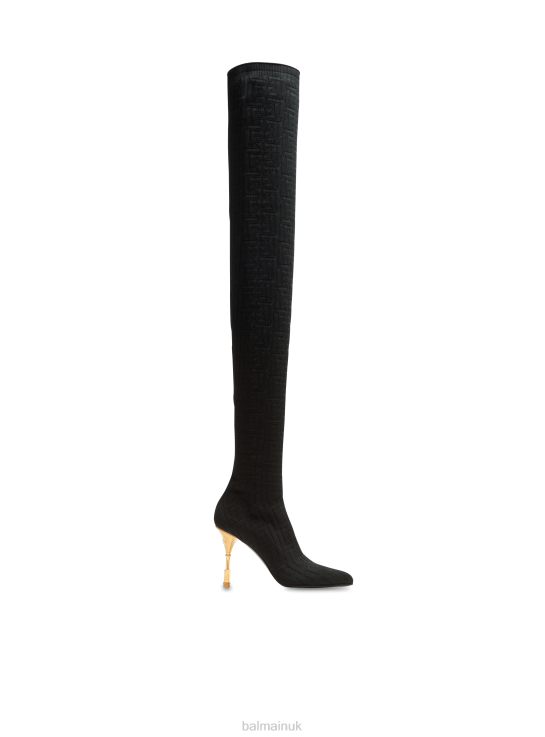 Footwear D0022663 Black Balmain Women Moneta Mesh Thigh Boots With Monogram