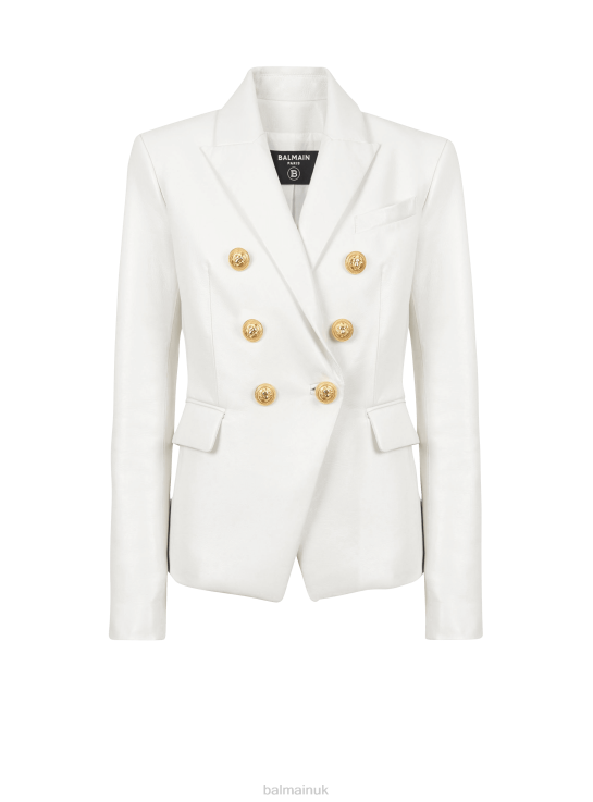 Clothing D0022127 White Balmain Women Double-Breasted Leather Blazer