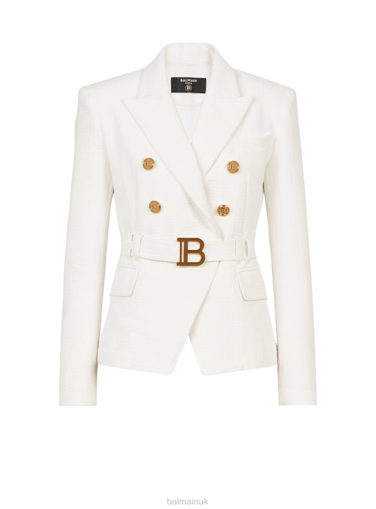 Clothing D0022128 White Balmain Women Double-Breasted Cotton Blazer With Brand Buckle