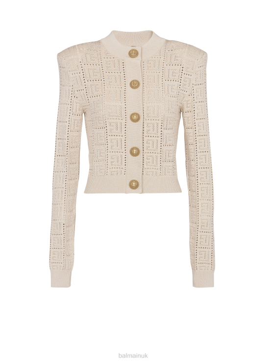 Clothing D0022209 Beige Balmain Women Monogrammed Openwork Knit Cardigan