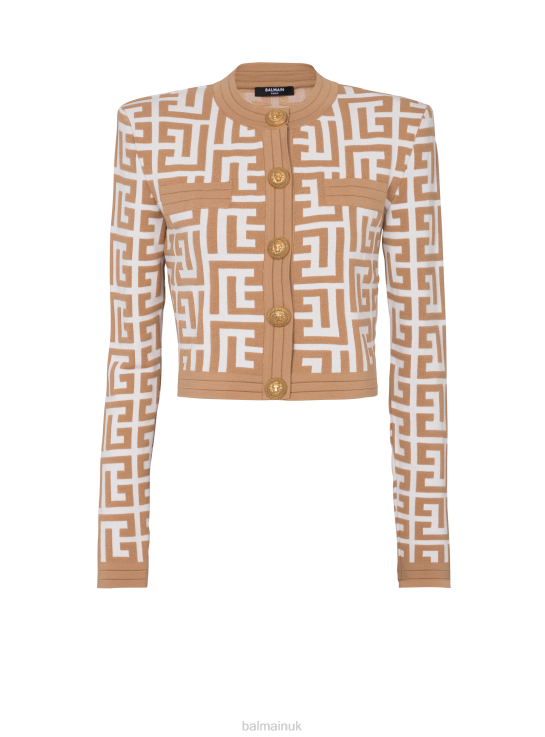 Clothing D0022212 Beige Balmain Women Cropped Knitted Cardigan With Maxi Monogram
