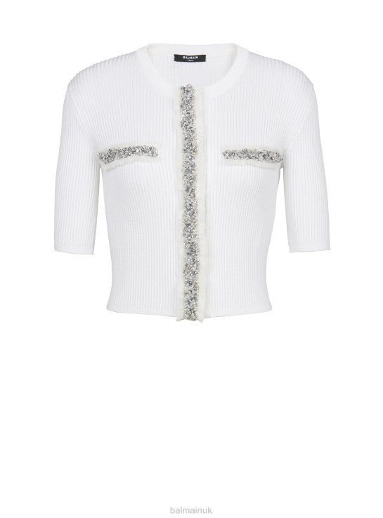 Clothing D0022255 White Balmain Women Embroidered Cropped Knit Cardigan
