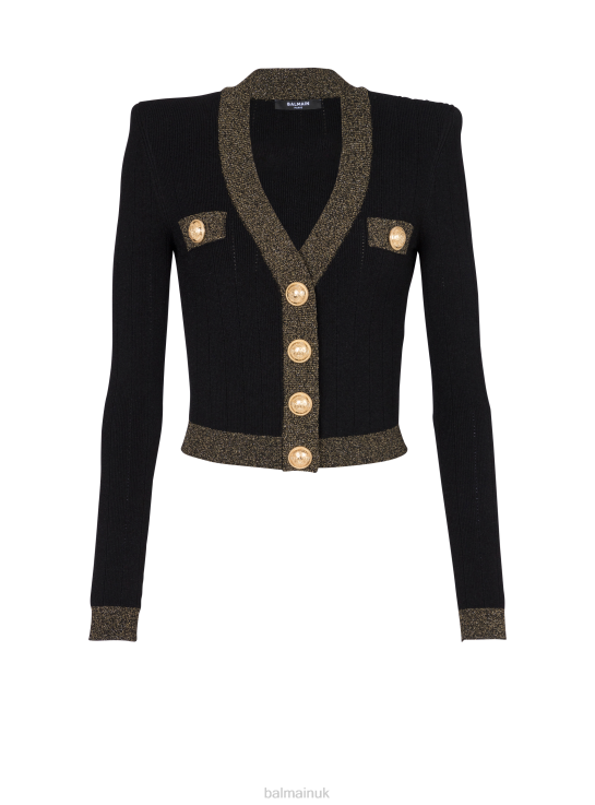 Clothing D0022312 Black Balmain Women Cropped Knit Cardigan With Gold Trim