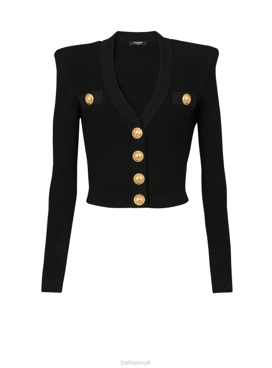 Clothing D0022315 Black Balmain Women Cropped Eco-Designed Knit Cardigan With Gold-Tone Buttons