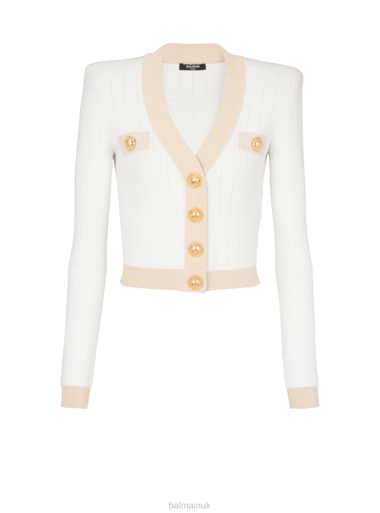 Clothing D0022319 White Balmain Women Cropped Knit Cardigan With Gold Trim