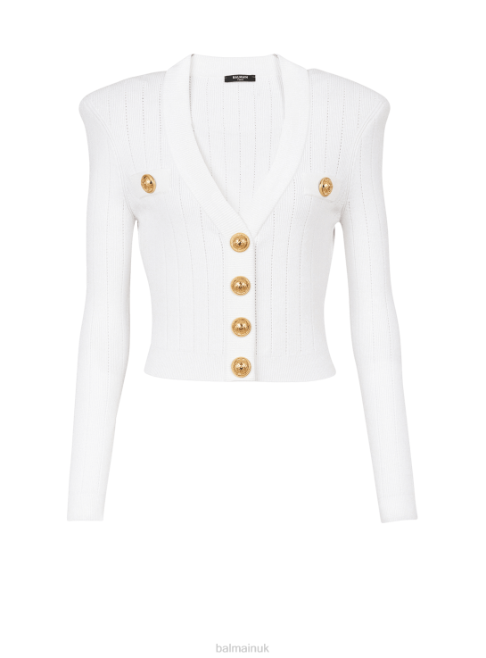 Clothing D0022324 White Balmain Women Cropped Eco-Designed Knit Cardigan With Gold-Tone Buttons