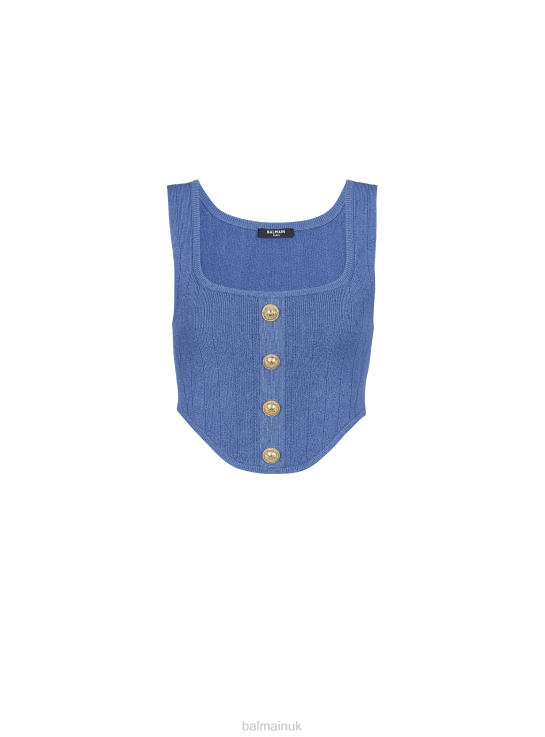 Clothing D0022199 Blue Balmain Women Buttoned Knitted Corset Top