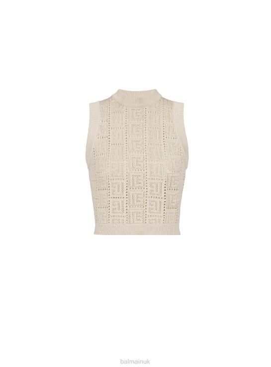 Clothing D0022210 Beige Balmain Women Monogrammed Openwork Knit Top