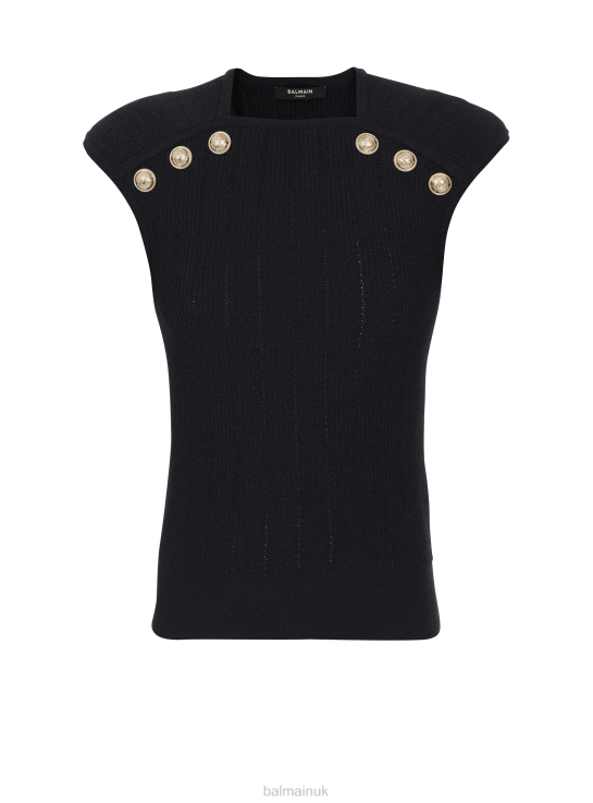 Clothing D0022223 Black Balmain Women Knit Top With Gold-Tone Buttons