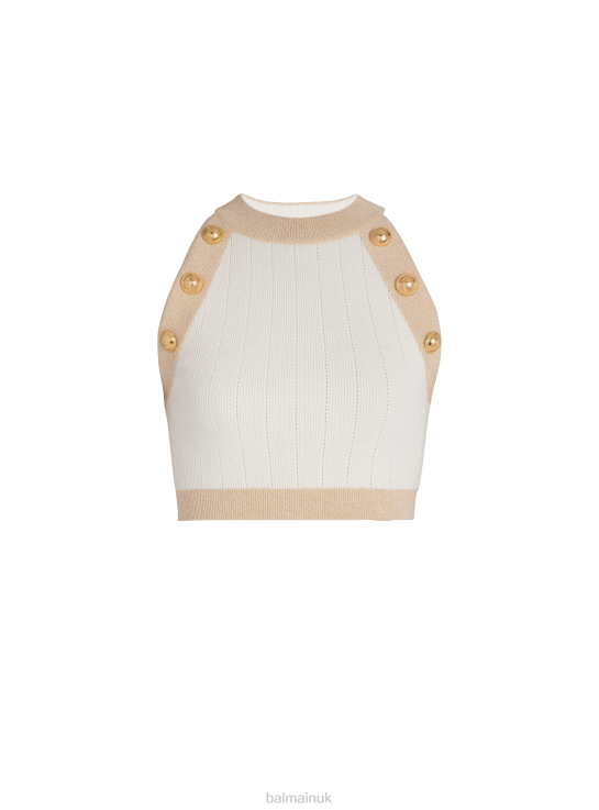Clothing D0022227 White Balmain Women Gold-Trimmed Knit Crop Top