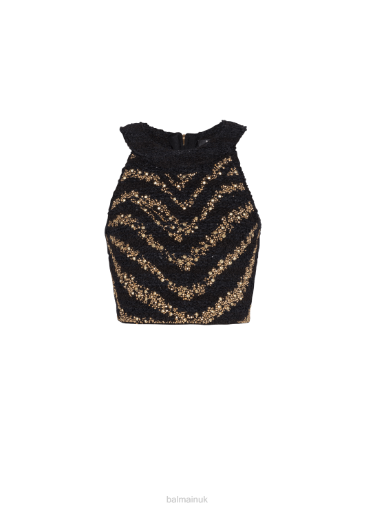 Clothing D0022229 Black Balmain Women Zebra Tweed Crop Top