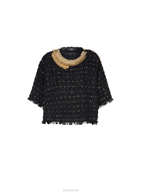 Clothing D0022232 Black Balmain Women Embroidered Tweed Crop Top
