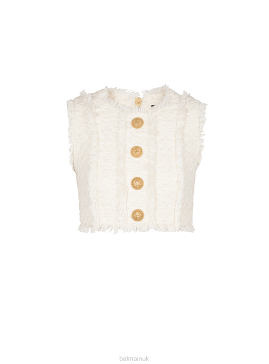 Clothing D0022240 White Balmain Women Tweed Crop Top With Buttons