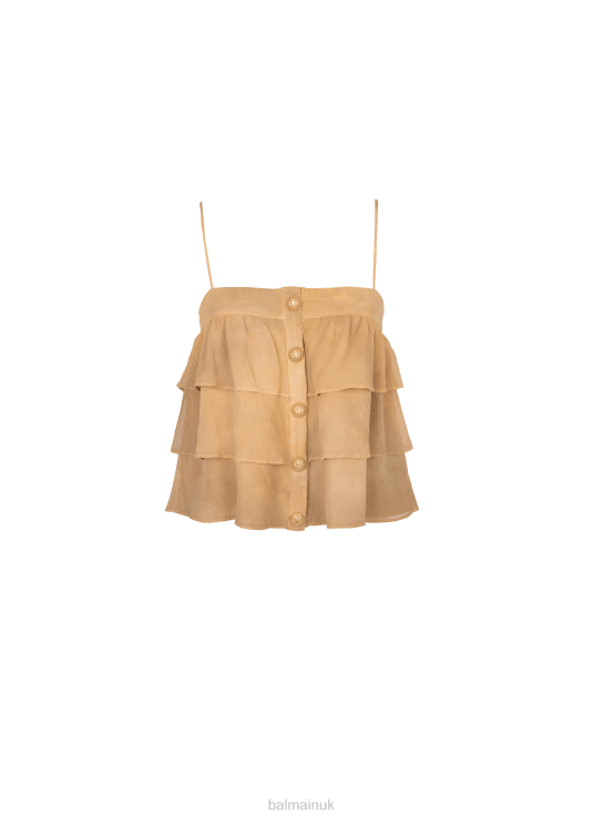 Clothing D0022244 Beige Balmain Women Strappy Silk Top With Tie-Dye Ruffles